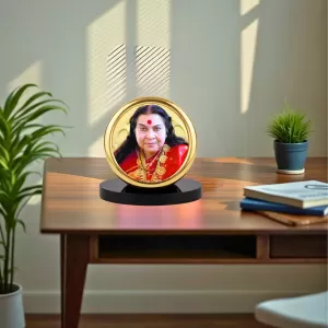 Car Desk/Table Top Shri Mataji Nirmala Devi Metal Golden Photo Stand  2x2 Inches, Compact & Stylish Spiritual Display For Car, Home & Office (Pack Of 1) (F18540)