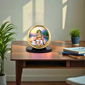 Car Desk/Table Top Goddess Saraswathi Metal Golden Photo Stand  2x2 Inches, Compact & Stylish Spiritual Display For Car, Home & Office (Pack Of 1) (F18606)