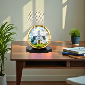Car Desk/Table Top Beautiful Church Metal Golden Photo Stand  2x2 Inches, Compact & Stylish Spiritual Display For Car, Home & Office (Pack Of 1) (F18727)