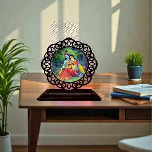 Car Desk/Table Top Radha Krishna Wooden Photo Stand 3x4 Inches, Compact & Stylish Spiritual Display For Car, Home & Office (Pack Of 1) (F19566) Car Desk/Table Top Radha Krishna Wooden Photo Stand 3x4 Inches, Compact & Stylish Spiritual Display For Car, Home & Office (Pack Of 1) (F19566)