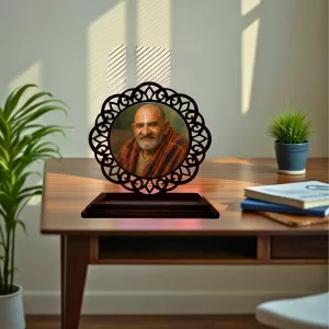 Car Desk/Table Top Neem Karoli Baba Wooden Photo Stand  3x4 Inches, Compact & Stylish Spiritual Display For Car, Home & Office (Pack Of 1) (F19622)