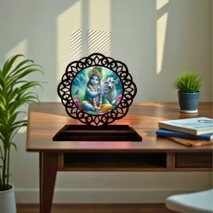 Car Desk/Table Top Lord Krishna Wooden Photo Stand  3x4 Inches, Compact & Stylish Spiritual Display For Car, Home & Office (Pack Of 1) (F19656)