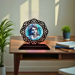 Car Desk/Table Top Lord Krishna Wooden Photo Stand  3x4 Inches, Compact & Stylish Spiritual Display For Car, Home & Office (Pack Of 1) (F19678)