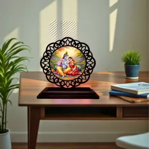 Car Desk/Table Top Radha Krishna Wooden Photo Stand 3x4 Inches, Compact & Stylish Spiritual Display For Car, Home & Office (Pack Of 1) (F19699) Car Desk/Table Top Radha Krishna Wooden Photo Stand 3x4 Inches, Compact & Stylish Spiritual Display For Car, Home & Office (Pack Of 1) (F19699)