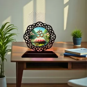 Car Desk/Table Top Om Symbol Wooden Photo Stand  3x4 Inches, Compact & Stylish Spiritual Display For Car, Home & Office (Pack Of 1) (F19709)