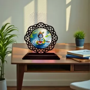 Car Desk/Table Top Lord Krishna Wooden Photo Stand  3x4 Inches, Compact & Stylish Spiritual Display For Car, Home & Office (Pack Of 1) (F19714)