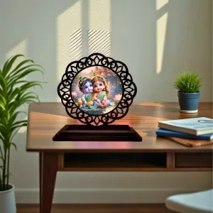 Car Desk/Table Top Radha Krishna Wooden Photo Stand  3x4 Inches, Compact & Stylish Spiritual Display For Car, Home & Office (Pack Of 1) (F19721)