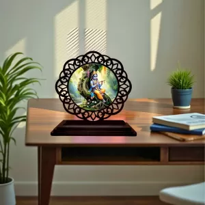 Car Desk/Table Top Lord Krishna Wooden Photo Stand  3x4 Inches, Compact & Stylish Spiritual Display For Car, Home & Office (Pack Of 1) (F19736)