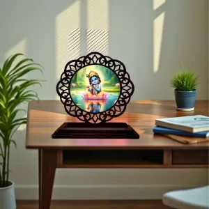 Car Desk/Table Top Lord Krishna Wooden Photo Stand  3x4 Inches, Compact & Stylish Spiritual Display For Car, Home & Office (Pack Of 1) (F19739)