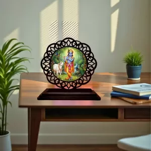 Car Desk/Table Top Lord Krishna Wooden Photo Stand  3x4 Inches, Compact & Stylish Spiritual Display For Car, Home & Office (Pack Of 1) (F19745)