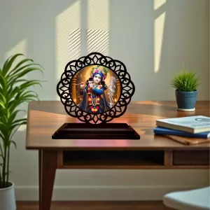 Car Desk/Table Top Lord Krishna Wooden Photo Stand  3x4 Inches, Compact & Stylish Spiritual Display For Car, Home & Office (Pack Of 1) (F19746)