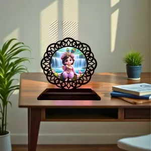 Car Desk/Table Top Lord Krishna Wooden Photo Stand  3x4 Inches, Compact & Stylish Spiritual Display For Car, Home & Office (Pack Of 1) (F19749)