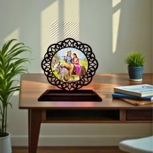 Car Desk/Table Top Radha Krishna Wooden Photo Stand  3x4 Inches, Compact & Stylish Spiritual Display For Car, Home & Office (Pack Of 1) (F19759)