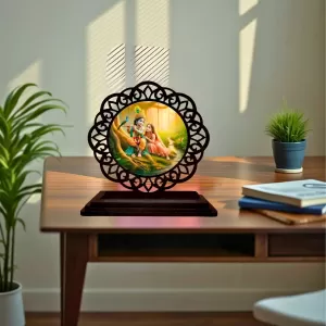 Car Desk/Table Top Radha Krishna Wooden Photo Stand  3x4 Inches, Compact & Stylish Spiritual Display For Car, Home & Office (Pack Of 1) (F19770)