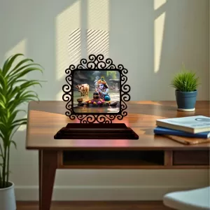 Car Desk/Table Top Lord Krishna Wooden Photo Stand  3x4 Inches, Compact & Stylish Spiritual Display For Car, Home & Office (Pack Of 1) (F19782)