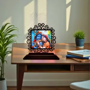 Car Desk/Table Top Radha Krishna Wooden Photo Stand  3x4 Inches, Compact & Stylish Spiritual Display For Car, Home & Office (Pack Of 1) (F19784)