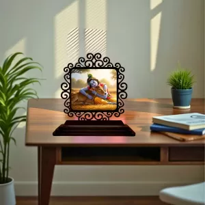 Car Desk/Table Top Lord Krishna Wooden Photo Stand  3x4 Inches, Compact & Stylish Spiritual Display For Car, Home & Office (Pack Of 1) (F19794)