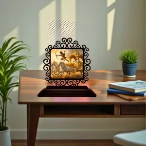 Car Desk/Table Top Krishna Arjuna Wooden Photo Stand  3x4 Inches, Compact & Stylish Spiritual Display For Car, Home & Office (Pack Of 1) (F19797)