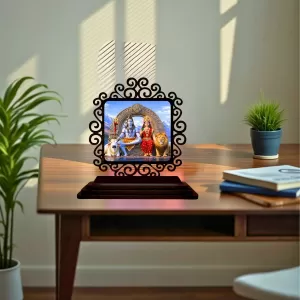 Car Desk/Table Top Lord Shiva And Parvathi Wooden Photo Stand  3x4 Inches, Compact & Stylish Spiritual Display For Car, Home & Office (Pack Of 1) (F19798)
