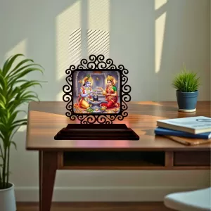 Car Desk/Table Top Radha Krishna Wooden Photo Stand 3x4 Inches, Compact & Stylish Spiritual Display For Car, Home & Office (Pack Of 1) (F19827) Car Desk/Table Top Radha Krishna Wooden Photo Stand 3x4 Inches, Compact & Stylish Spiritual Display For Car, Home & Office (Pack Of 1) (F19827)