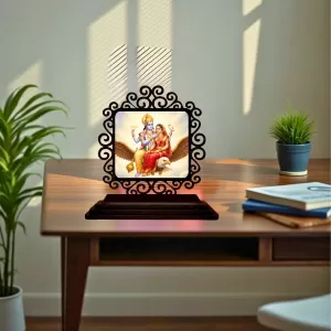 Car Desk/Table Top Radha Krishna Wooden Photo Stand  3x4 Inches, Compact & Stylish Spiritual Display For Car, Home & Office (Pack Of 1) (F19845)