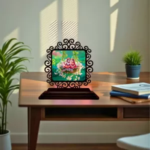 Car Desk/Table Top Radha Krishna Wooden Photo Stand  3x4 Inches, Compact & Stylish Spiritual Display For Car, Home & Office (Pack Of 1) (F19871)