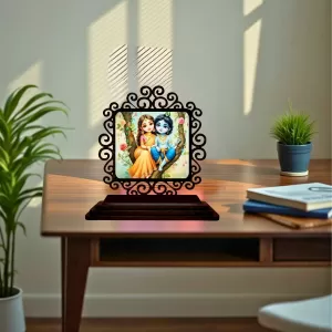 Car Desk/Table Top Radha Krishna Wooden Photo Stand 3x4 Inches, Compact & Stylish Spiritual Display For Car, Home & Office (Pack Of 1) (F19883) Car Desk/Table Top Radha Krishna Wooden Photo Stand 3x4 Inches, Compact & Stylish Spiritual Display For Car, Home & Office (Pack Of 1) (F19883)