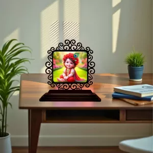 Car Desk/Table Top Lord Krishna Wooden Photo Stand  3x4 Inches, Compact & Stylish Spiritual Display For Car, Home & Office (Pack Of 1) (F19888)