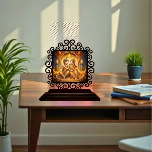Car Desk/Table Top Radha Krishna Wooden Photo Stand 3x4 Inches, Compact & Stylish Spiritual Display For Car, Home & Office (Pack Of 1) (F19906) Car Desk/Table Top Radha Krishna Wooden Photo Stand 3x4 Inches, Compact & Stylish Spiritual Display For Car, Home & Office (Pack Of 1) (F19906)