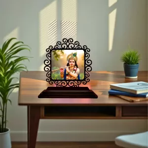 Car Desk/Table Top Lord Krishna Wooden Photo Stand  3x4 Inches, Compact & Stylish Spiritual Display For Car, Home & Office (Pack Of 1) (F19975)