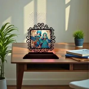 Car Desk/Table Top Radha Krishna Wooden Photo Stand 3x4 Inches, Compact & Stylish Spiritual Display For Car, Home & Office (Pack Of 1) (F19998) Car Desk/Table Top Radha Krishna Wooden Photo Stand 3x4 Inches, Compact & Stylish Spiritual Display For Car, Home & Office (Pack Of 1) (F19998)