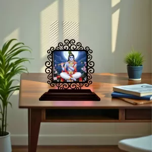 Car Desk/Table Top Lord Krishna Wooden Photo Stand  3x4 Inches, Compact & Stylish Spiritual Display For Car, Home & Office (Pack Of 1) (F20001)
