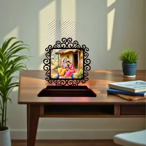 Car Desk/Table Top Radha Krishna Wooden Photo Stand  3x4 Inches, Compact & Stylish Spiritual Display For Car, Home & Office (Pack Of 1) (F20038)