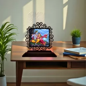 Car Desk/Table Top Radha Krishna Wooden Photo Stand  3x4 Inches, Compact & Stylish Spiritual Display For Car, Home & Office (Pack Of 1) (F20047)