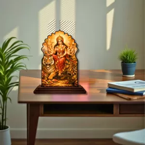 Car Dashboard/Table Top Goddess Durga Wooden Temple Photo Stand  3x4 Inches, Compact & Stylish Spiritual Display For Car, Home & Office (Pack Of 1) (F22461)