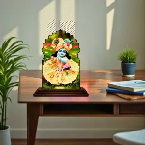 Car Dashboard/Table Top Lord Krishna Wooden Temple Photo Stand  3x4 Inches, Compact & Stylish Spiritual Display For Car, Home & Office (Pack Of 1) (F22467)
