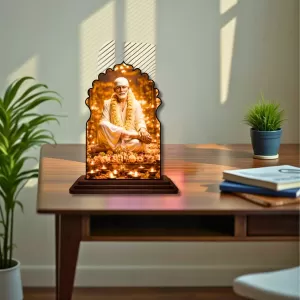 Car Dashboard/Table Top Sai Baba Wooden Temple Photo Stand  3x4 Inches, Compact & Stylish Spiritual Display For Car, Home & Office (Pack Of 1) (F22484)