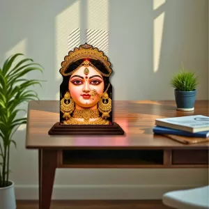 Car Dashboard/Table Top Goddess Durga Wooden Temple Photo Stand  3x4 Inches, Compact & Stylish Spiritual Display For Car, Home & Office (Pack Of 1) (F22501)