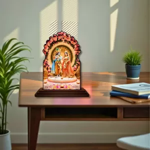 Car Dashboard/Table Top Radha Krishna Wooden Temple Photo Stand 3x4 Inches, Compact & Stylish Spiritual Display For Car, Home & Office (Pack Of 1) (F22516) Car Dashboard/Table Top Radha Krishna Wooden Temple Photo Stand 3x4 Inches, Compact & Stylish Spiritual Display For Car, Home & Office (Pack Of 1) (F22516)