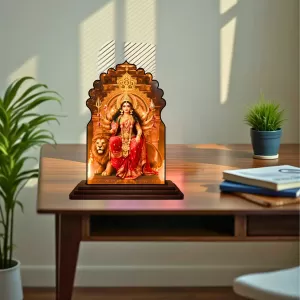 Car Dashboard/Table Top Goddess Durga Wooden Temple Photo Stand  3x4 Inches, Compact & Stylish Spiritual Display For Car, Home & Office (Pack Of 1) (F22518)