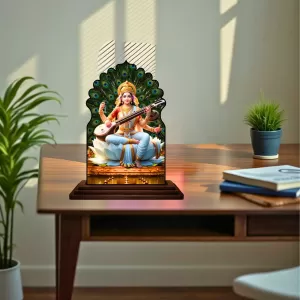 Car Dashboard/Table Top Goddess Saraswathi Wooden Temple Photo Stand  3x4 Inches, Compact & Stylish Spiritual Display For Car, Home & Office (Pack Of 1) (F22521)