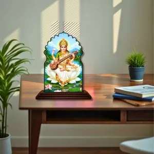Car Dashboard/Table Top Goddess Saraswathi Wooden Temple Photo Stand  3x4 Inches, Compact & Stylish Spiritual Display For Car, Home & Office (Pack Of 1) (F22526)