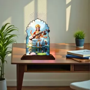 Car Dashboard/Table Top Goddess Saraswathi Wooden Temple Photo Stand  3x4 Inches, Compact & Stylish Spiritual Display For Car, Home & Office (Pack Of 1) (F22527)