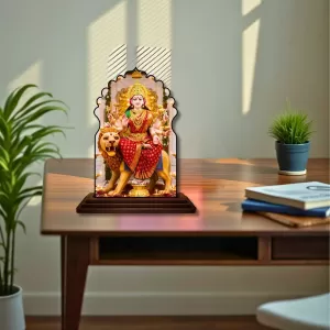 Car Dashboard/Table Top Goddess Durga Wooden Temple Photo Stand  3x4 Inches, Compact & Stylish Spiritual Display For Car, Home & Office (Pack Of 1) (F22537)
