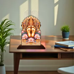 Car Dashboard/Table Top Lord Krishna Feet Wooden Temple Photo Stand  3x4 Inches, Compact & Stylish Spiritual Display For Car, Home & Office (Pack Of 1) (F22551)