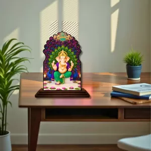 Car Dashboard/Table Top Lord Ganesha Wooden Temple Photo Stand  3x4 Inches, Compact & Stylish Spiritual Display For Car, Home & Office (Pack Of 1) (F22561)