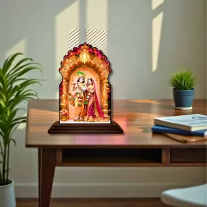 Car Dashboard/Table Top Radha Krishna Wooden Temple Photo Stand 3x4 Inches, Compact & Stylish Spiritual Display For Car, Home & Office (Pack Of 1) (F22583) Car Dashboard/Table Top Radha Krishna Wooden Temple Photo Stand 3x4 Inches, Compact & Stylish Spiritual Display For Car, Home & Office (Pack Of 1) (F22583)