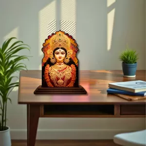 Car Dashboard/Table Top Goddess Durga Wooden Temple Photo Stand  3x4 Inches, Compact & Stylish Spiritual Display For Car, Home & Office (Pack Of 1) (F22592)