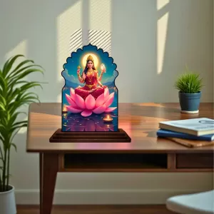 Car Dashboard/Table Top Goddess Laxmi Wooden Temple Photo Stand  3x4 Inches, Compact & Stylish Spiritual Display For Car, Home & Office (Pack Of 1) (F22607)