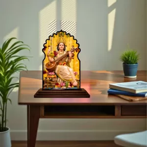 Car Dashboard/Table Top Goddess Saraswathi Wooden Temple Photo Stand  3x4 Inches, Compact & Stylish Spiritual Display For Car, Home & Office (Pack Of 1) (F22661)